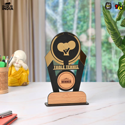 Wooden Sports Winner Trophy - Cricket, Football, Table Tennis, Yoga, Basketball | 9.5 x 6 Inches | School, College & Corporate Events