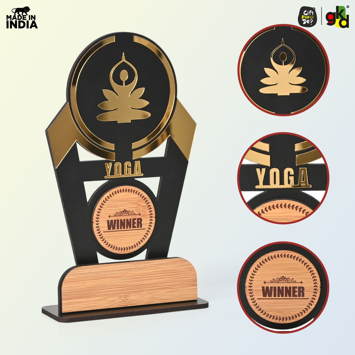 Wooden Sports Winner Trophy - Cricket, Football, Table Tennis, Yoga, Basketball | 9.5 x 6 Inches | School, College & Corporate Events