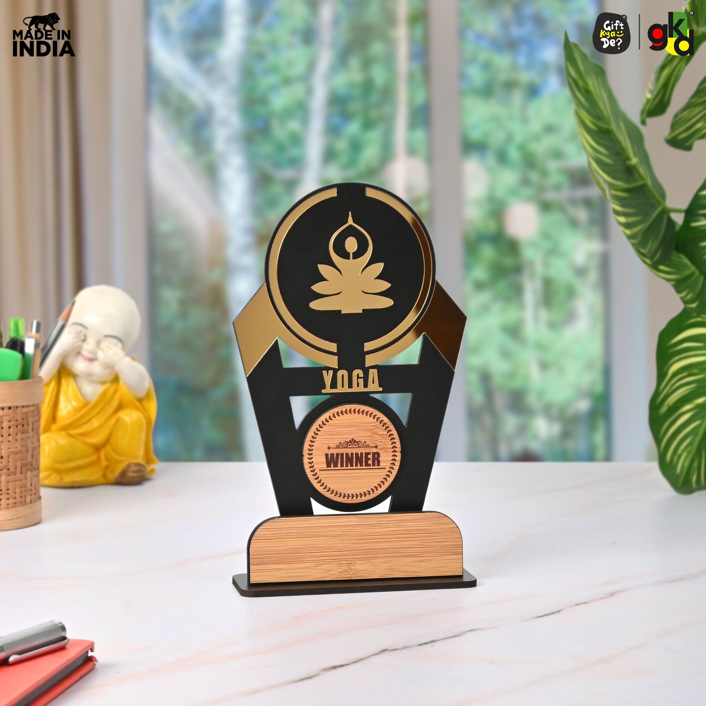 Wooden Sports Winner Trophy - Cricket, Football, Table Tennis, Yoga, Basketball | 9.5 x 6 Inches | School, College & Corporate Events