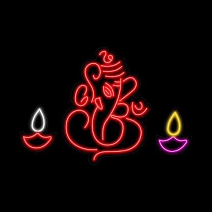Lord Ganesha Neon Sign with Diya