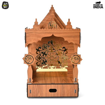 Wooden Temple For Home & Office | Premium 3D Golden Cutwork Design | Mandir With Storage Drawer (DIY)