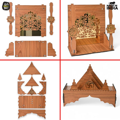 Wooden Temple For Home & Office | Premium 3D Golden Cutwork Design | Mandir With Storage Drawer (DIY)