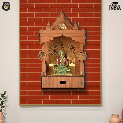 Wooden Temple For Home & Office | Premium 3D Golden Cutwork Design | Mandir With Storage Drawer (DIY)