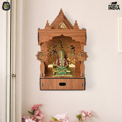 Wooden Temple For Home & Office | Premium 3D Golden Cutwork Design | Mandir With Storage Drawer (DIY)