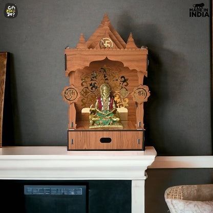 Wooden Temple For Home & Office | Premium 3D Golden Cutwork Design | Mandir With Storage Drawer (DIY)