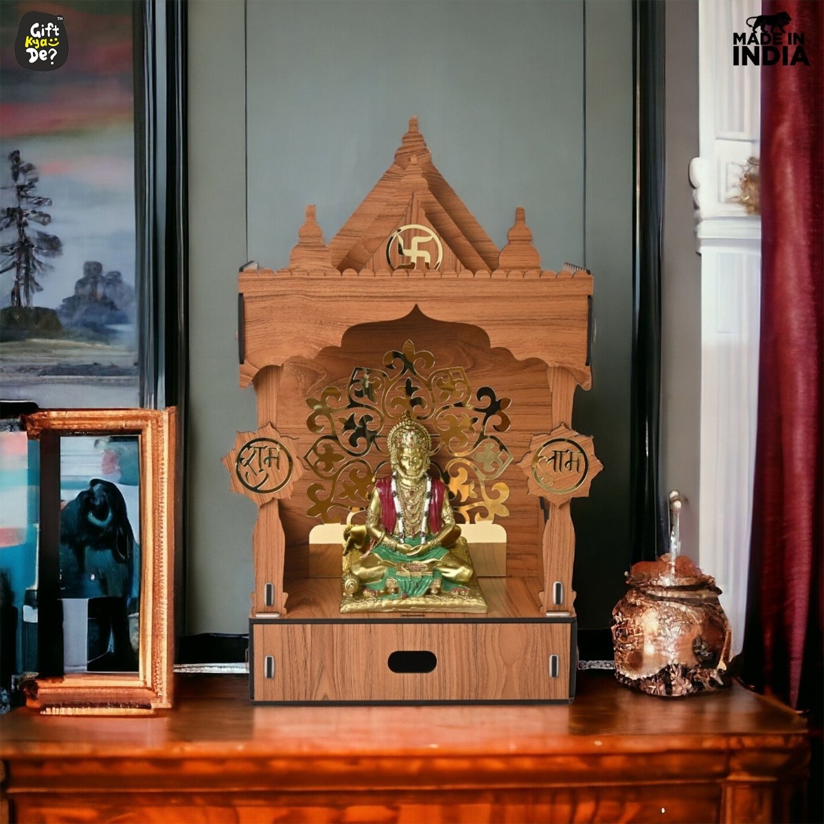 Wooden Temple For Home & Office | Premium 3D Golden Cutwork Design | Mandir With Storage Drawer (DIY)
