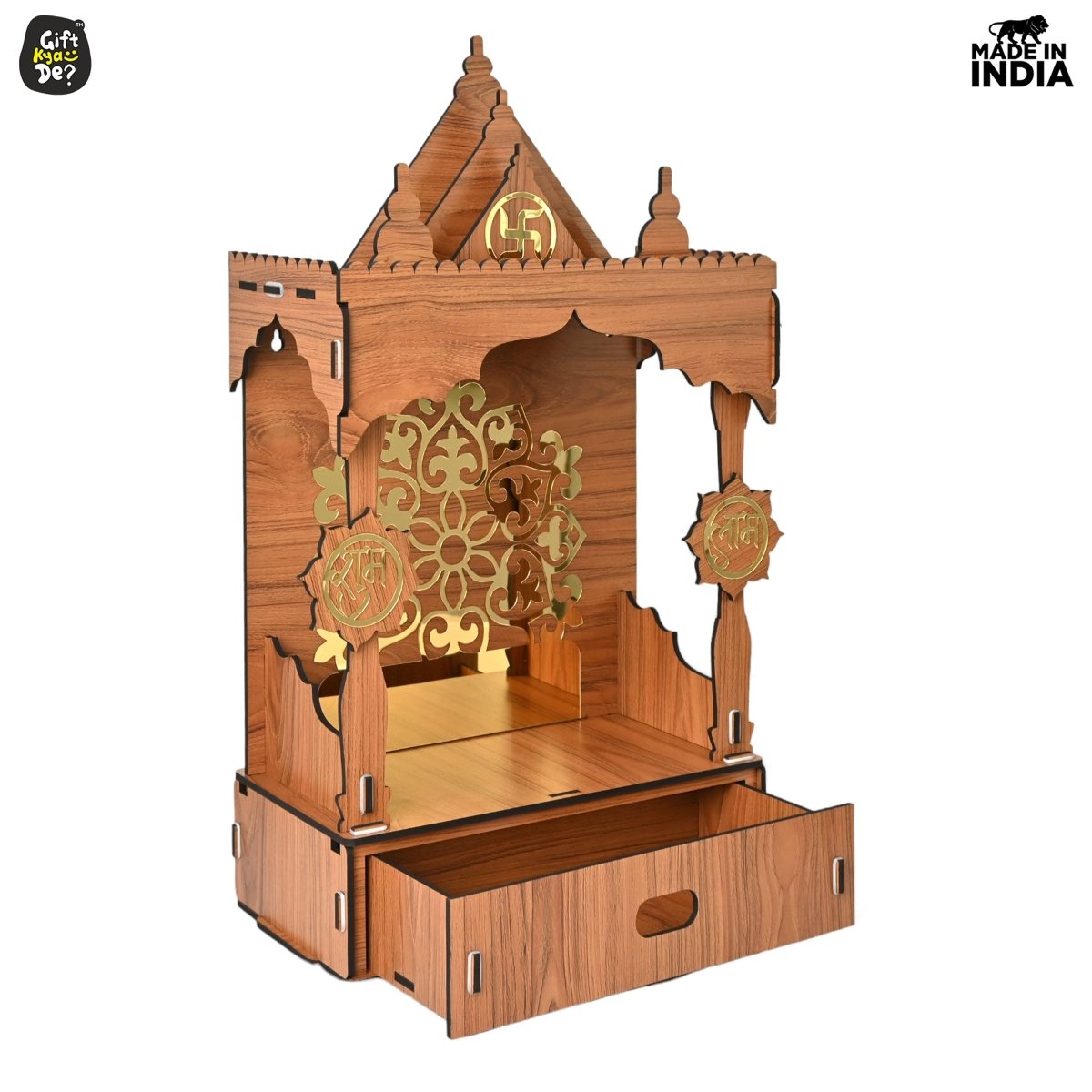 Wooden Temple For Home & Office | Premium 3D Golden Cutwork Design | Mandir With Storage Drawer (DIY)