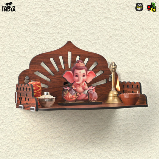 Wooden Pooja Mandir for Home & Office | Wall Hanging or Tabletop Temple | Compact DIY OM Mandir | 10x6x6.5 Inch