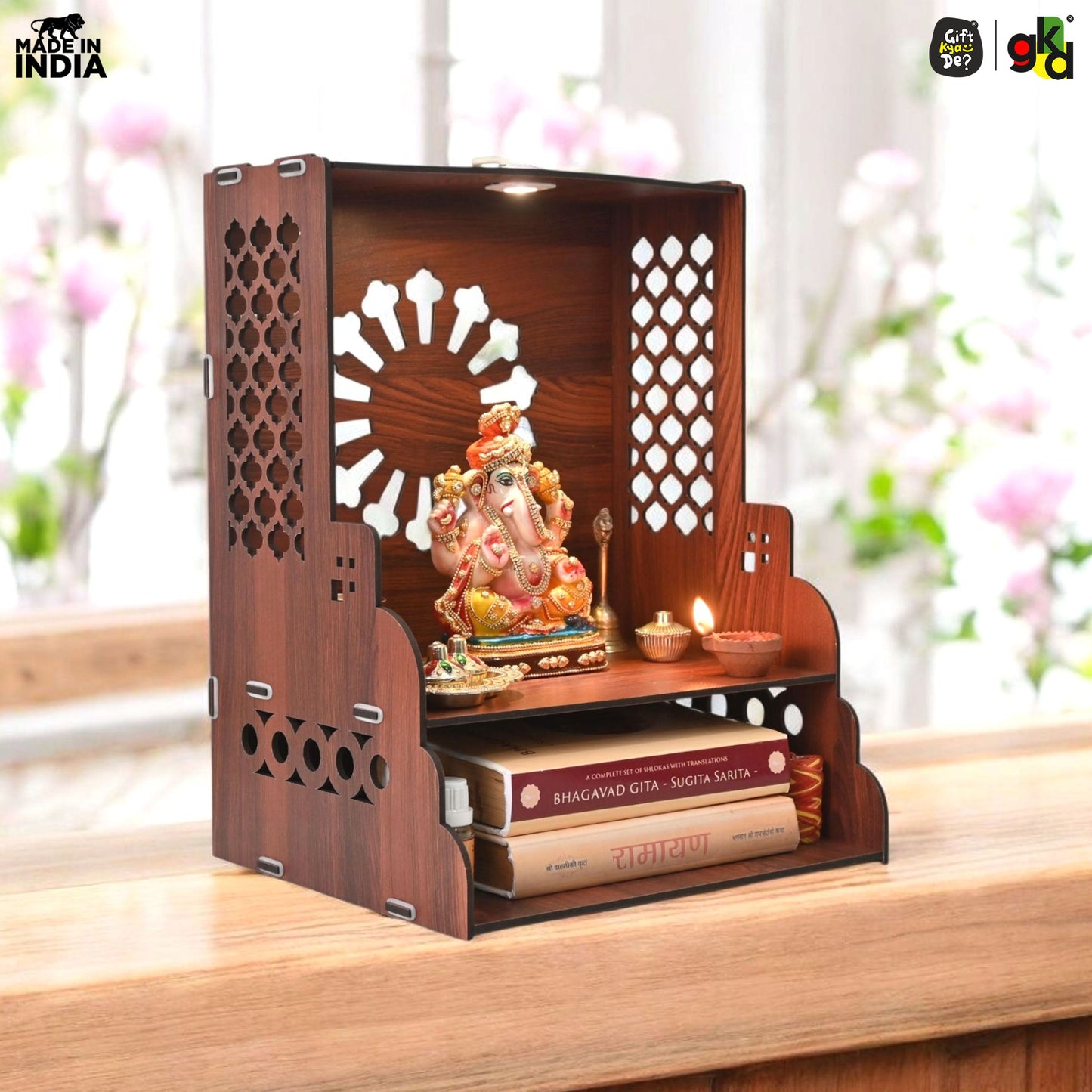 Wooden Temple for Home Wall Mounted with LED Light | Traditional & Modern Pooja Mandir Designs | Easy to Assemble (DIY)