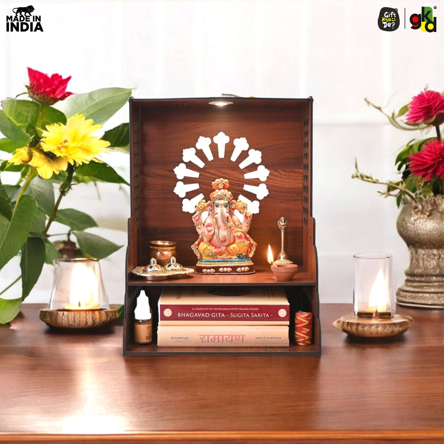 Wooden Temple for Home Wall Mounted with LED Light | Traditional & Modern Pooja Mandir Designs | Easy to Assemble (DIY)