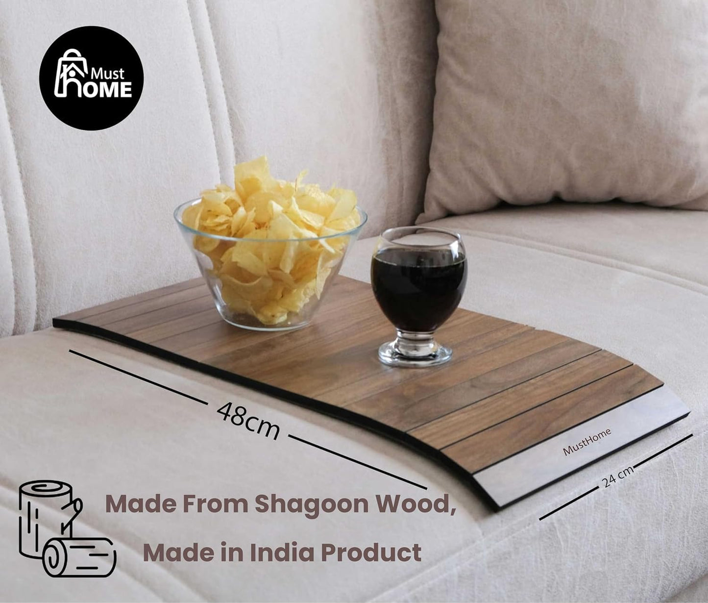 MustHome Wooden Tray | Sofa Armrest Tray |Flexible & Foldable | 50 X 30 Cm