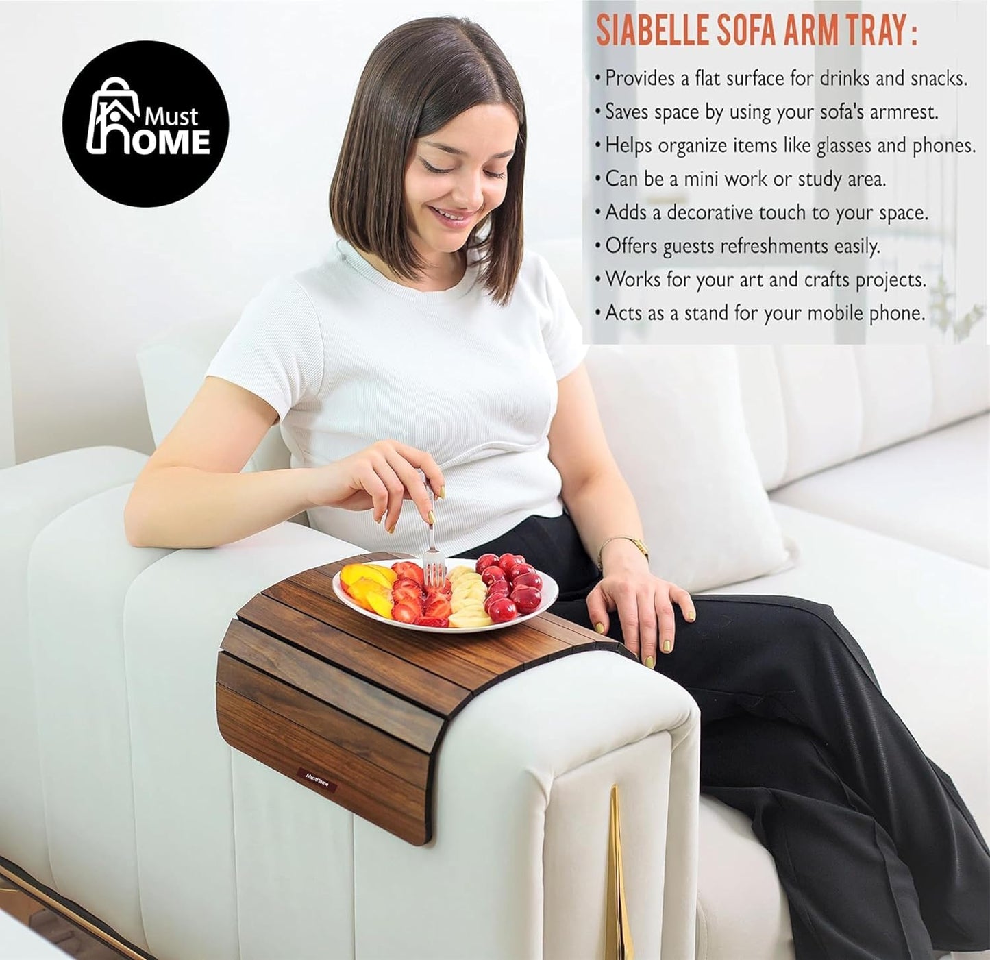 MustHome Wooden Tray | Sofa Armrest Tray |Flexible & Foldable | 50 X 30 Cm