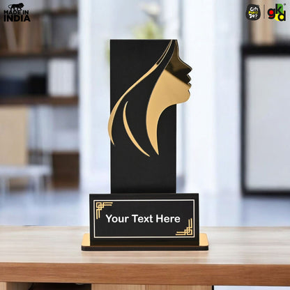 Women's Award Trophy – MDF Wood & Acrylic Memento | Customizable Recognition Gift (Black/Wood)