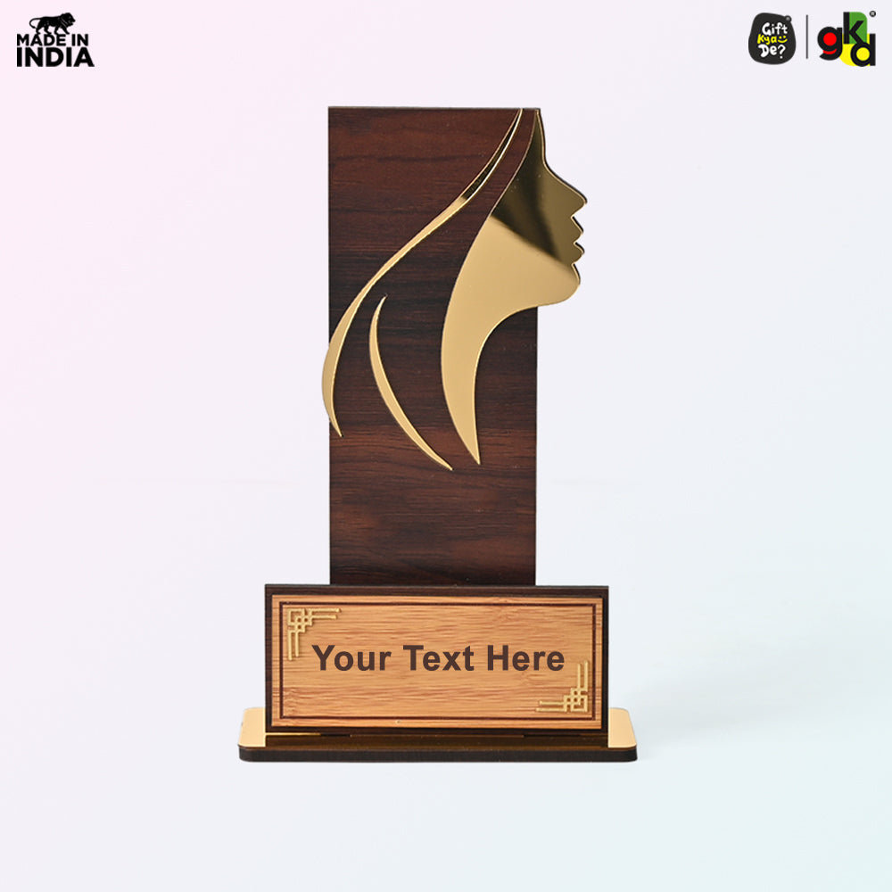 Women's Award Trophy – MDF Wood & Acrylic Memento | Customizable Recognition Gift (Black/Wood)