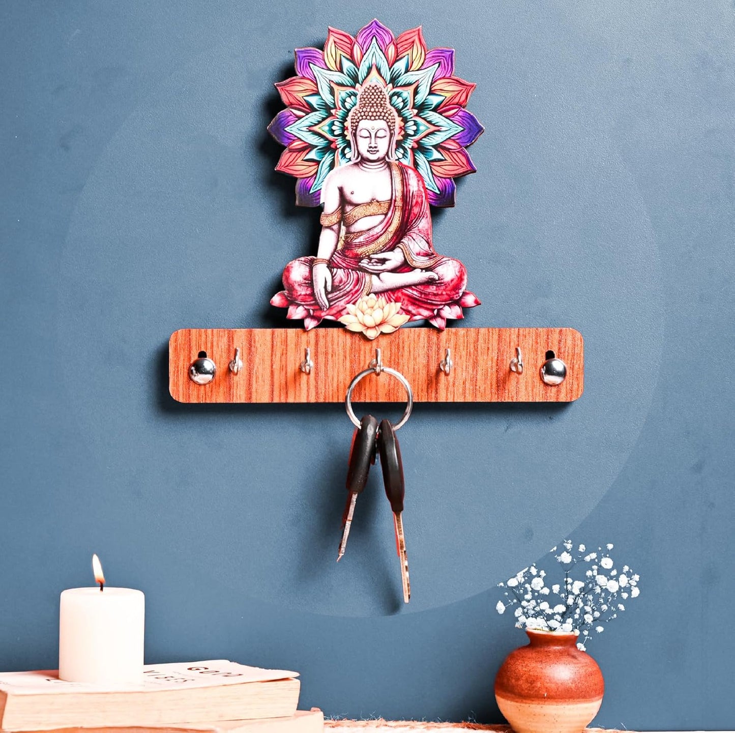 MustHome Key Holder for Home | Colorful Wooden Key Holder with 6 Hooks |18 by 18 cm
