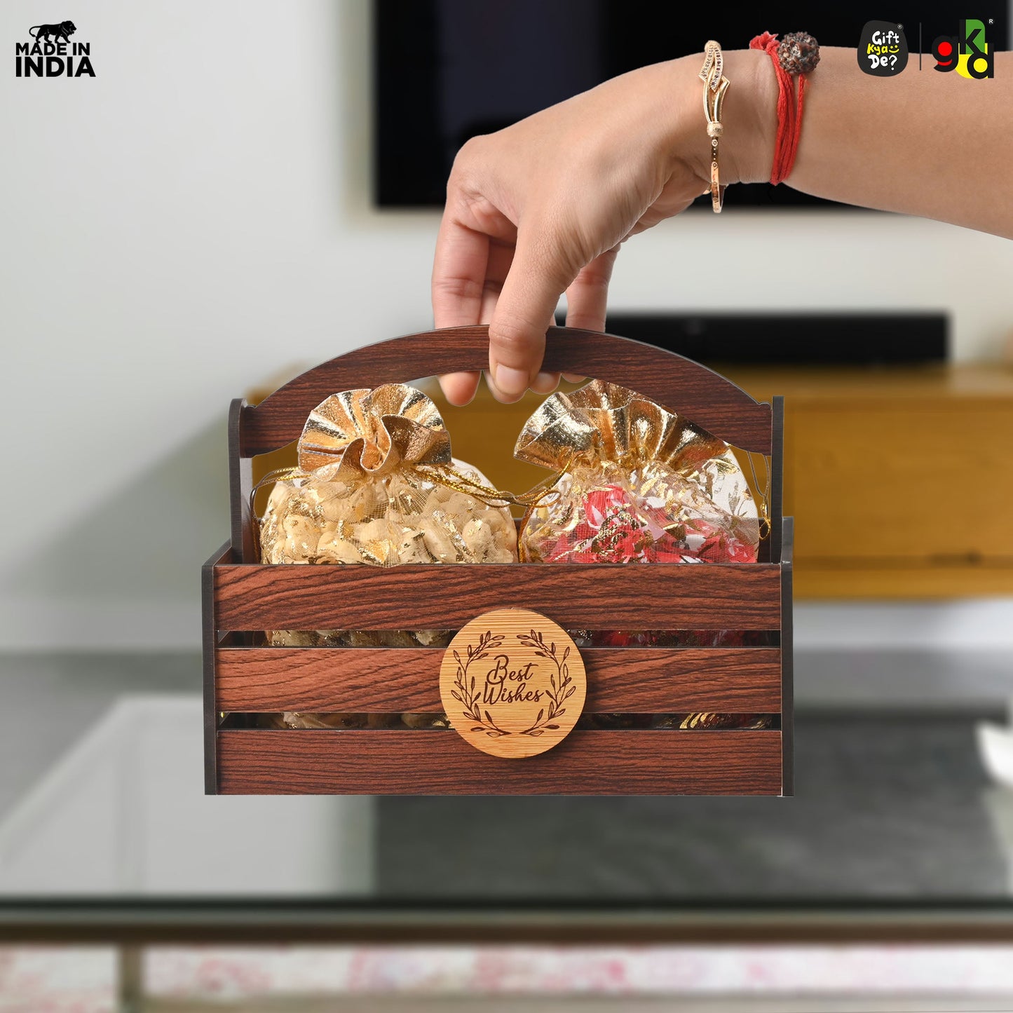 Premium Wooden Basket with Handle for Gifting and Home Decor | Eco-friendly Gift Hamper Basket | Wedding Gift Return Gift