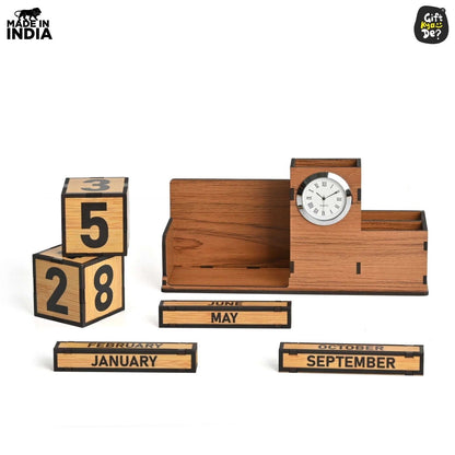 Wooden Desk Organizer with Lifetime Calendar and Clock | High-Quality Workspace Essential | Eco-Friendly