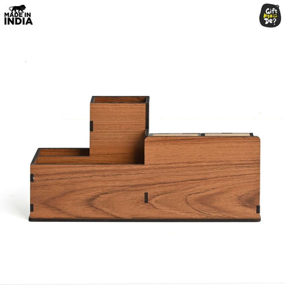 Wooden Desk Organizer with Lifetime Calendar and Clock | High-Quality Workspace Essential | Eco-Friendly