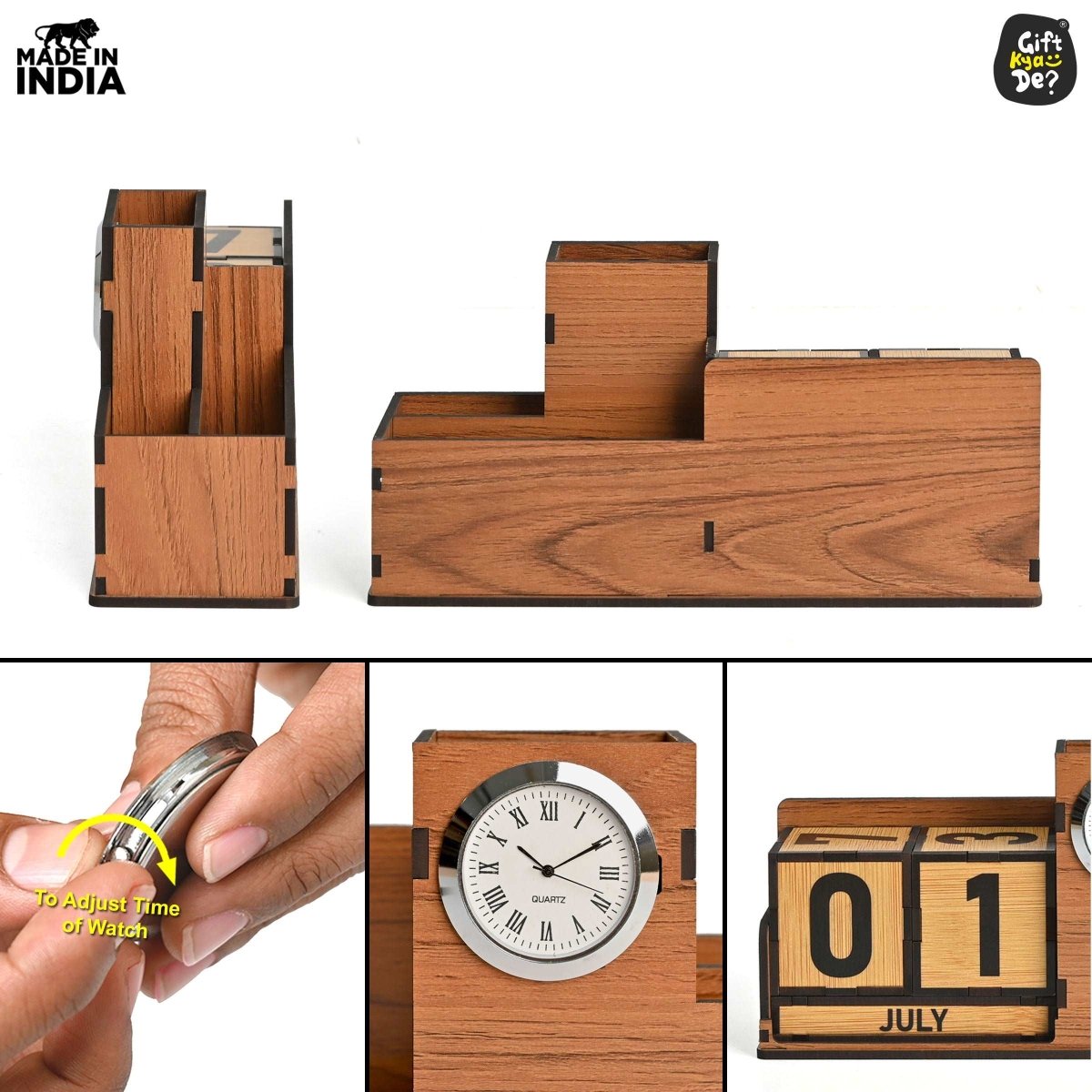 Wooden Desk Organizer with Lifetime Calendar and Clock | High-Quality Workspace Essential | Eco-Friendly