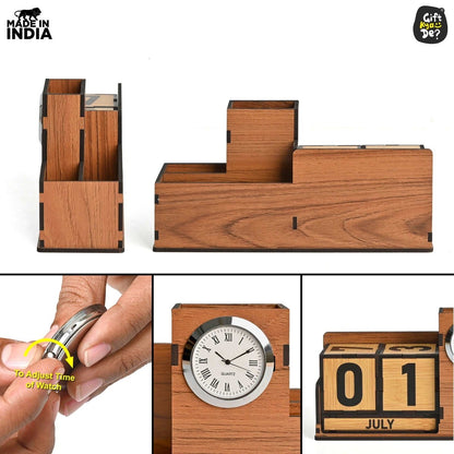Wooden Desk Organizer with Lifetime Calendar and Clock | High-Quality Workspace Essential | Eco-Friendly