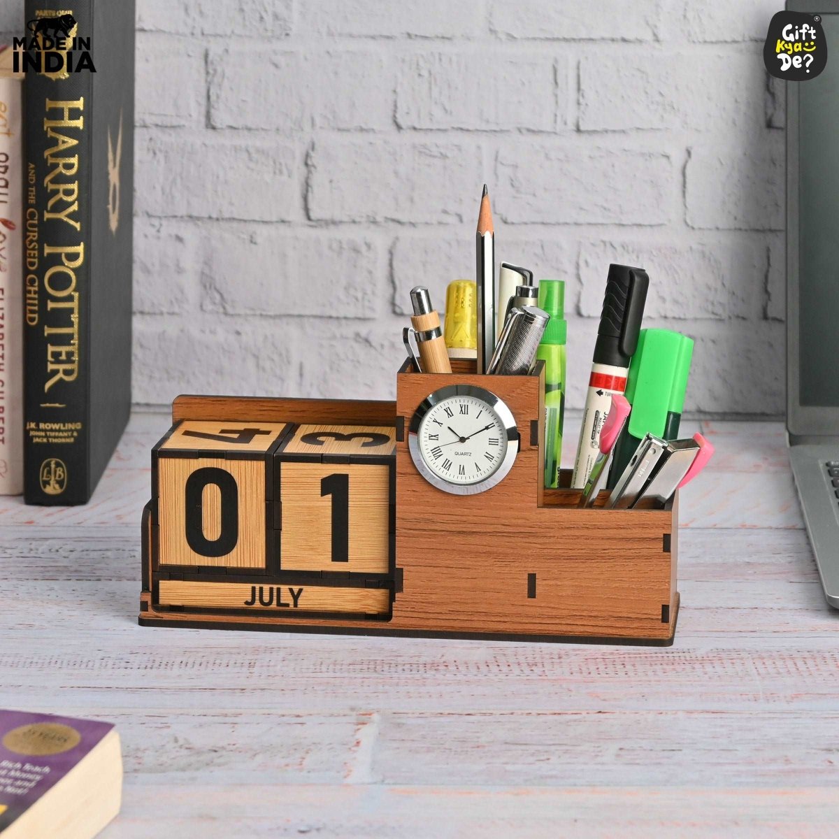 Wooden Desk Organizer with Lifetime Calendar and Clock | High-Quality Workspace Essential | Eco-Friendly