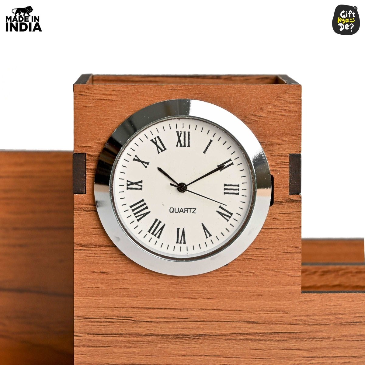 Wooden Desk Organizer with Lifetime Calendar and Clock | High-Quality Workspace Essential | Eco-Friendly