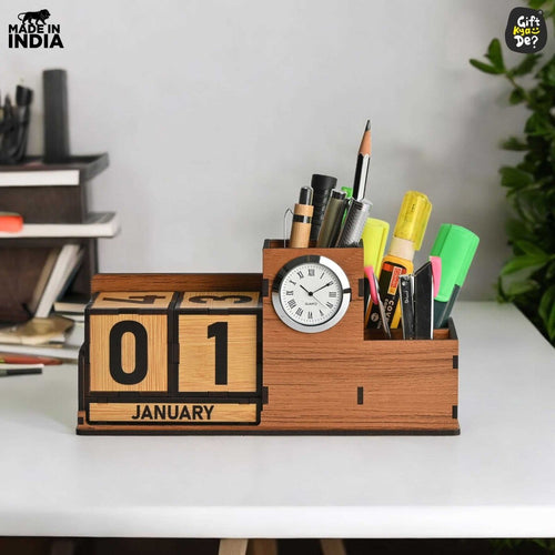 Wooden Desk Organizer with Lifetime Calendar and Clock | High-Quality Workspace Essential | Eco-Friendly