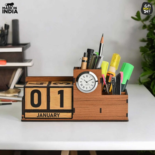 Wooden Desk Organizer with Lifetime Calendar and Clock | High-Quality Workspace Essential | Eco-Friendly