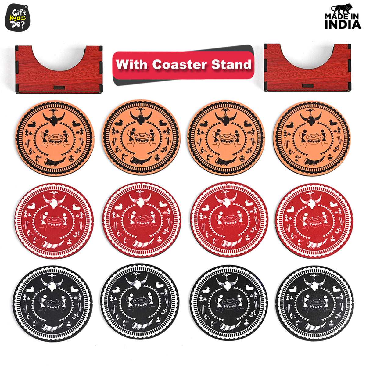 Coaster Set of 12 Beautiful Wooden Coasters with Proper Coaster Stand (Combo Pack) (12 pc 3.5 x 3.5 inch)