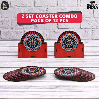 Coaster Set of 12 Beautiful Wooden Coasters with Proper Coaster Stand (Combo Pack) (12 pc 3.5 x 3.5 inch)