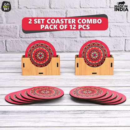 Coaster Set of 12 Beautiful Wooden Coasters with Proper Coaster Stand (Combo Pack) (12 pc 3.5 x 3.5 inch)