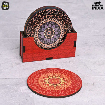 Coaster Set of 6 Beautiful Wooden Coasters with Stand | Fit for Tea Cups, Coffee Mugs and Glasses