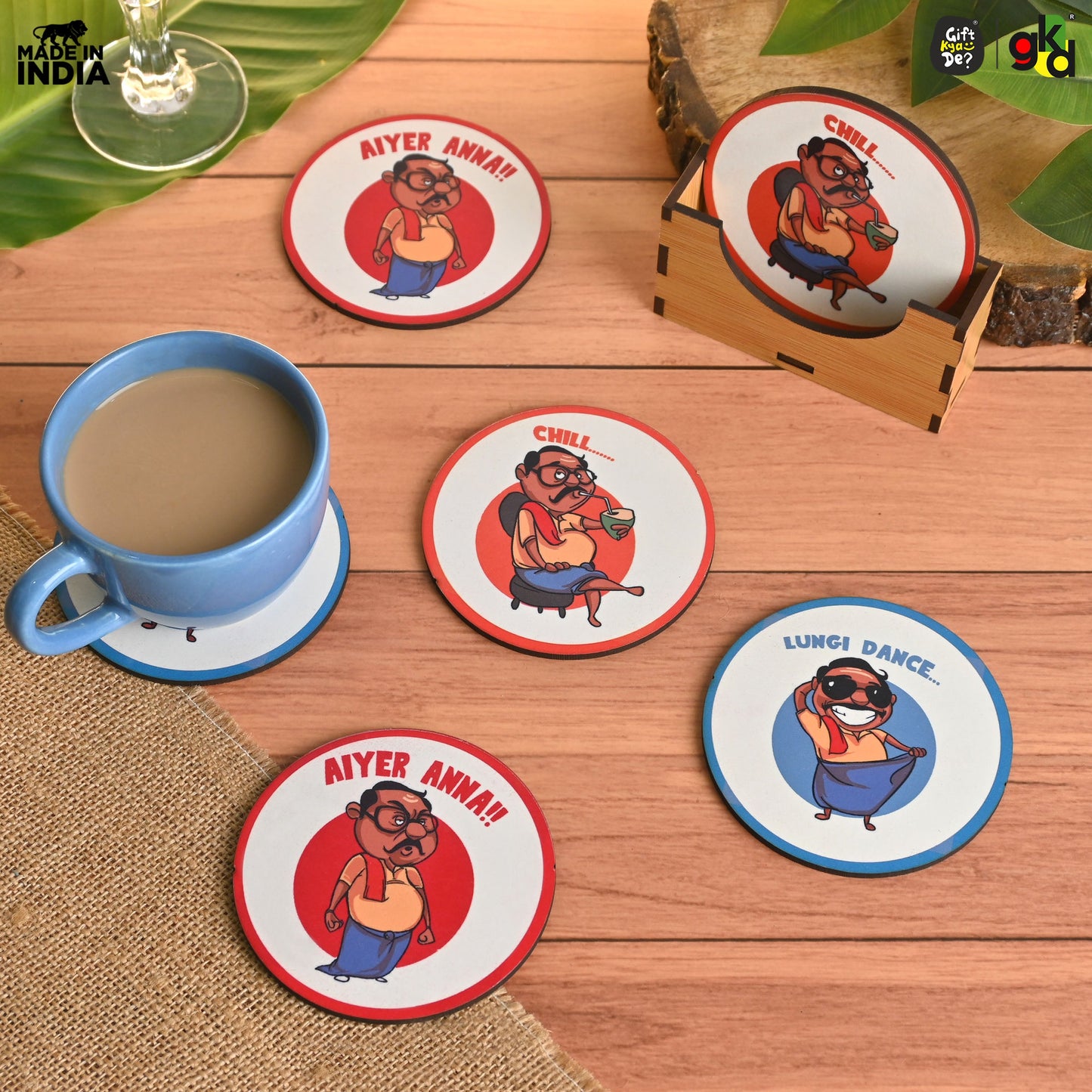 South India-Themed Wooden Coaster Set of 6 with Stand – Fun & Quirky Tamil Designs