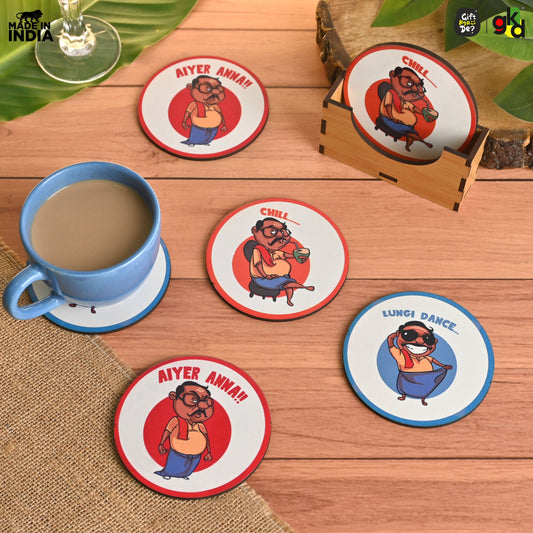 South India-Themed Wooden Coaster Set of 6 with Stand – Fun & Quirky Tamil Designs
