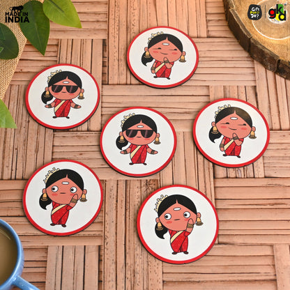 South India-Themed Wooden Coaster Set of 6 with Stand – Fun & Quirky Tamil Designs