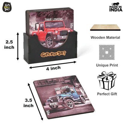 Coaster Set of 6 Bullet Bike & Thar Car Lover | Gifts with Proper Coaster Stand | Set fit for Tea Cups, Coffee Mugs and Glasses (Square 3.8 X 3.8 Inch)