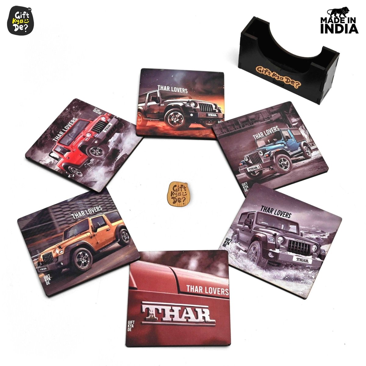 Coaster Set of 6 Bullet Bike & Thar Car Lover | Gifts with Proper Coaster Stand | Set fit for Tea Cups, Coffee Mugs and Glasses (Square 3.8 X 3.8 Inch)