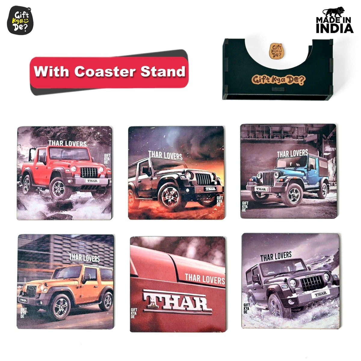 Coaster Set of 6 Bullet Bike & Thar Car Lover | Gifts with Proper Coaster Stand | Set fit for Tea Cups, Coffee Mugs and Glasses (Square 3.8 X 3.8 Inch)