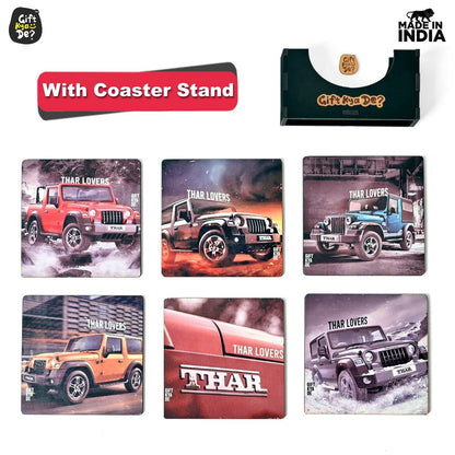 Coaster Set of 6 Bullet Bike & Thar Car Lover | Gifts with Proper Coaster Stand | Set fit for Tea Cups, Coffee Mugs and Glasses (Square 3.8 X 3.8 Inch)
