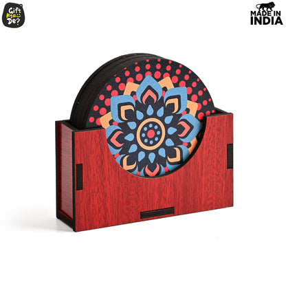 Coaster Set of 6 Beautiful Wooden Coasters with Stand | Fit for Tea Cups, Coffee Mugs and Glasses