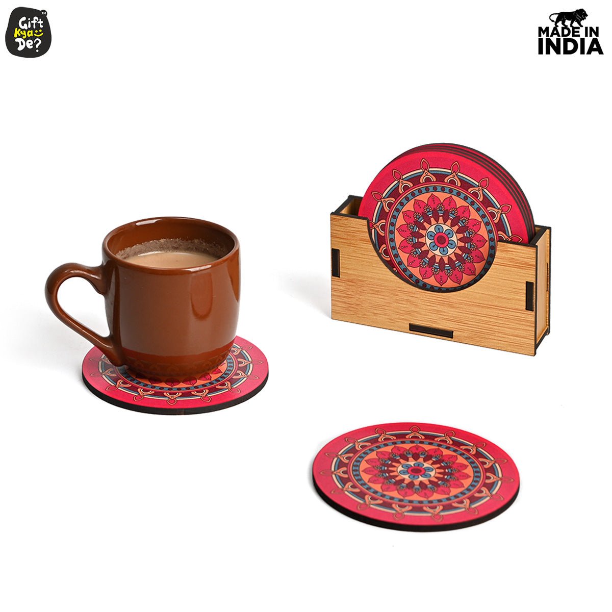 Coaster Set of 6 Beautiful Wooden Coasters with Stand | Fit for Tea Cups, Coffee Mugs and Glasses