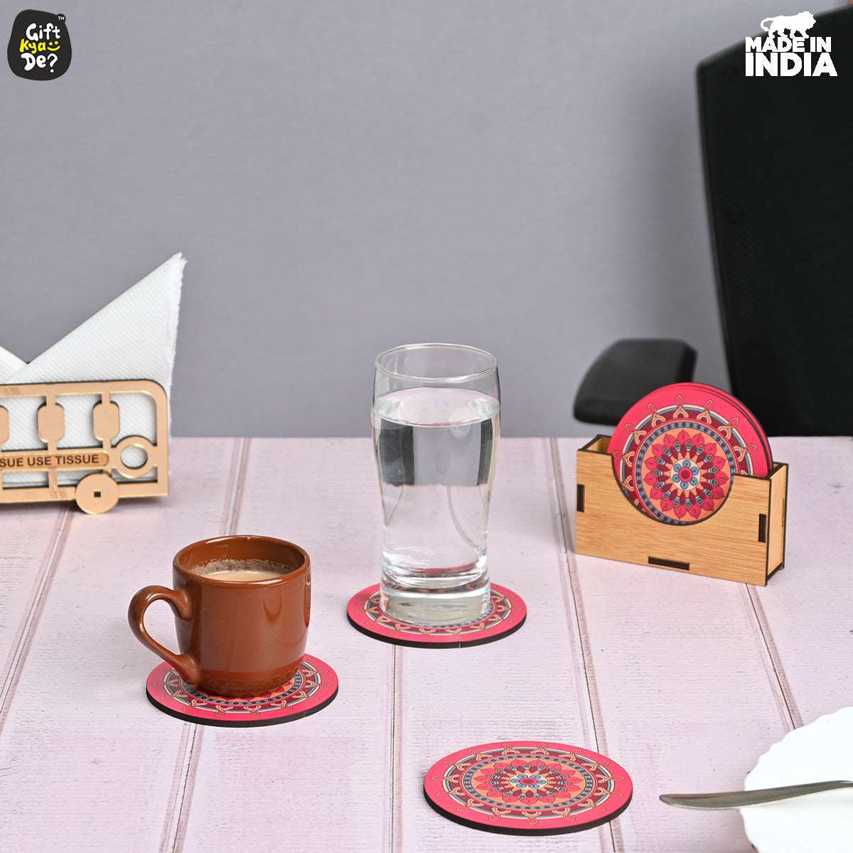 Coaster Set of 6 Beautiful Wooden Coasters with Stand | Fit for Tea Cups, Coffee Mugs and Glasses