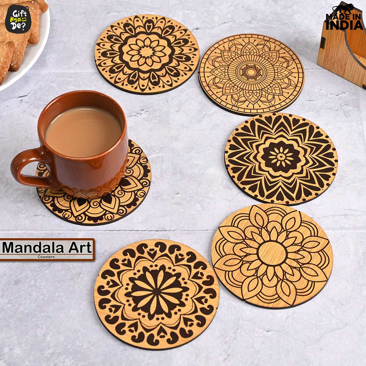 Coaster Set of 6 Beautiful Wooden Coasters with Stand | Fit for Tea Cups, Coffee Mugs and Glasses