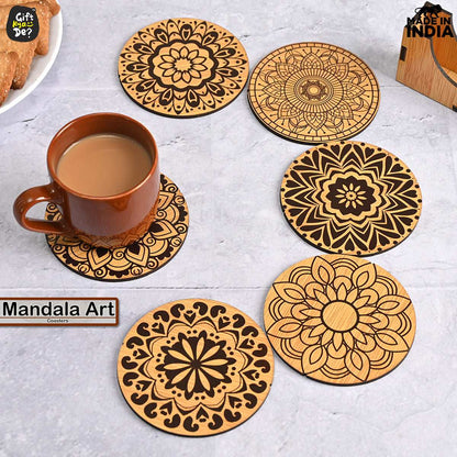 Coaster Set of 6 Beautiful Wooden Coasters with Stand | Fit for Tea Cups, Coffee Mugs and Glasses