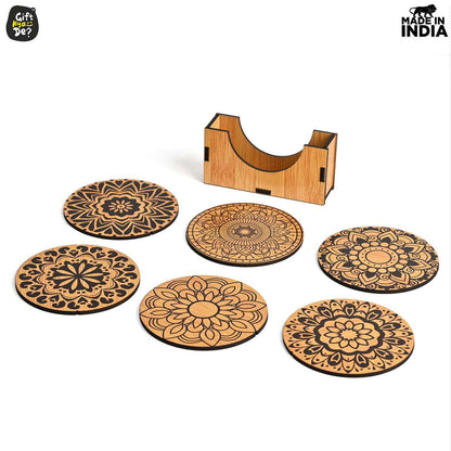 Coaster Set of 6 Beautiful Wooden Coasters with Stand | Fit for Tea Cups, Coffee Mugs and Glasses