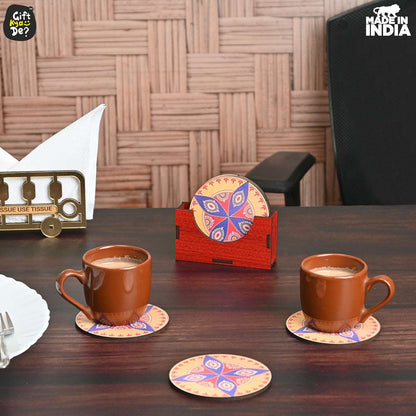 Coaster Set of 6 Beautiful Wooden Coasters with Stand | Fit for Tea Cups, Coffee Mugs and Glasses
