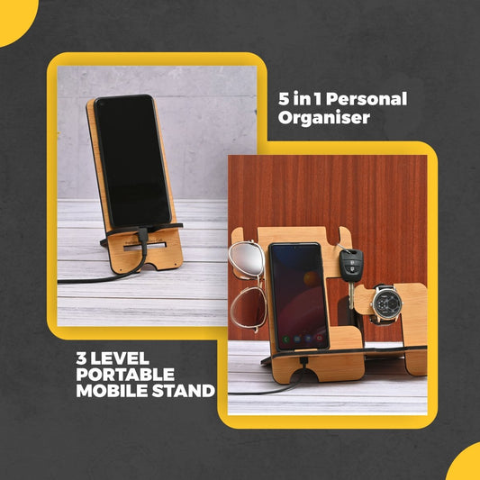 Wooden 5 in 1 Organizer & Mobile Stand Combo | Desk Organizer | Mobile Accessories