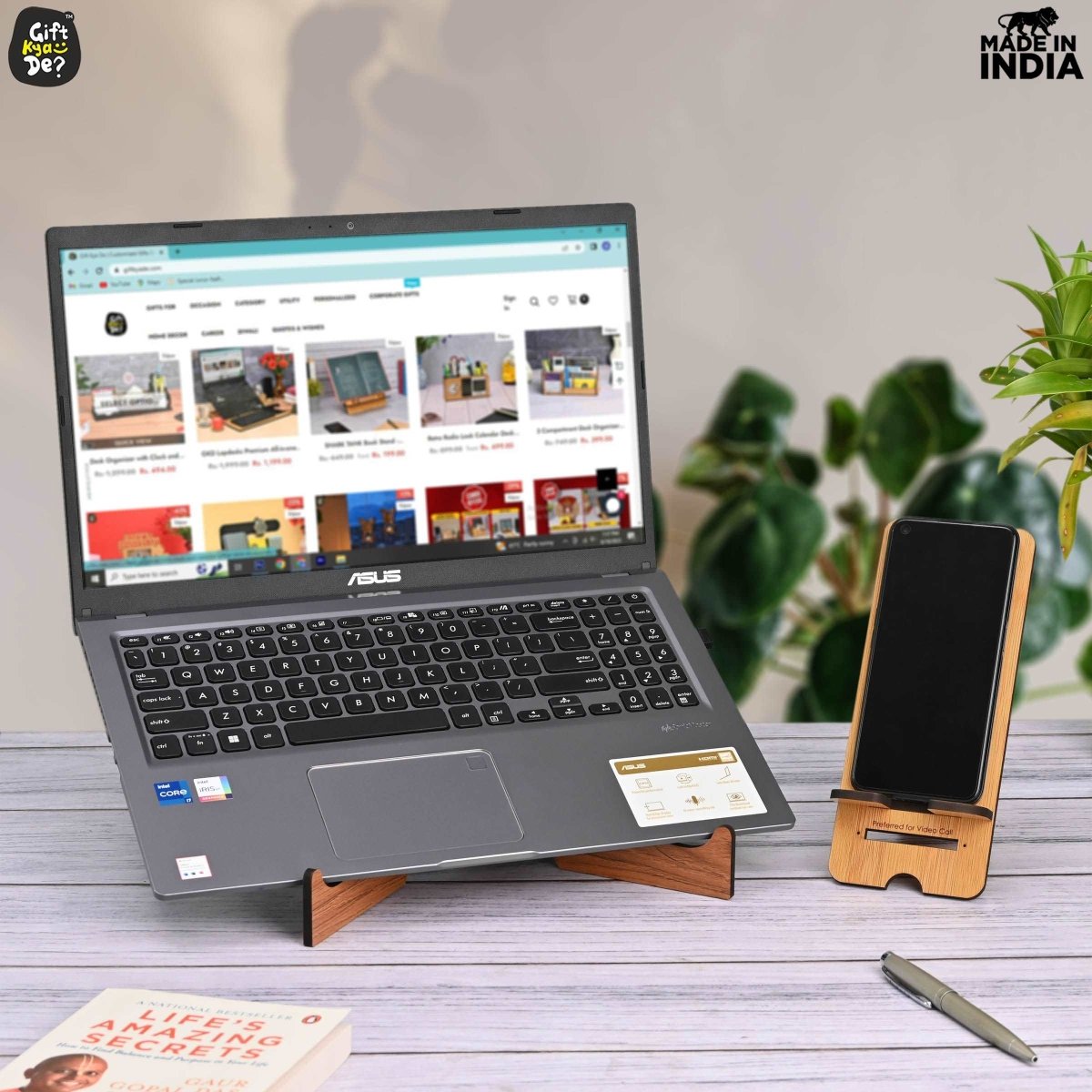 Cross Laptop Stand For Desk With Mobile Stand | Portable Easy to Carry | Compatible with All (2 pc Combo Pack) (eco Friendly)