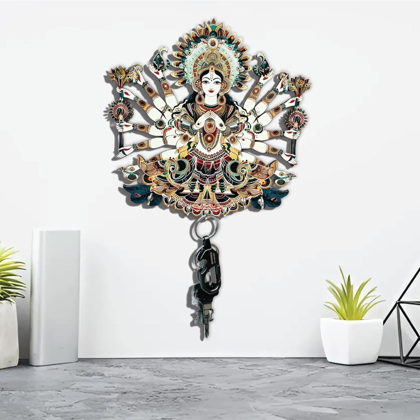 MustHome Premium Durga Ji Wooden Key Holder, 6 Hooks|20 x 10 cm