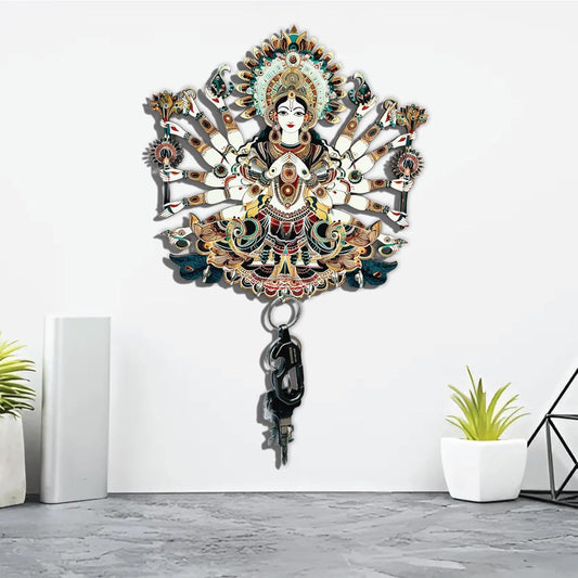 MustHome Premium Durga Ji Wooden Key Holder, 6 Hooks|20 x 10 cm